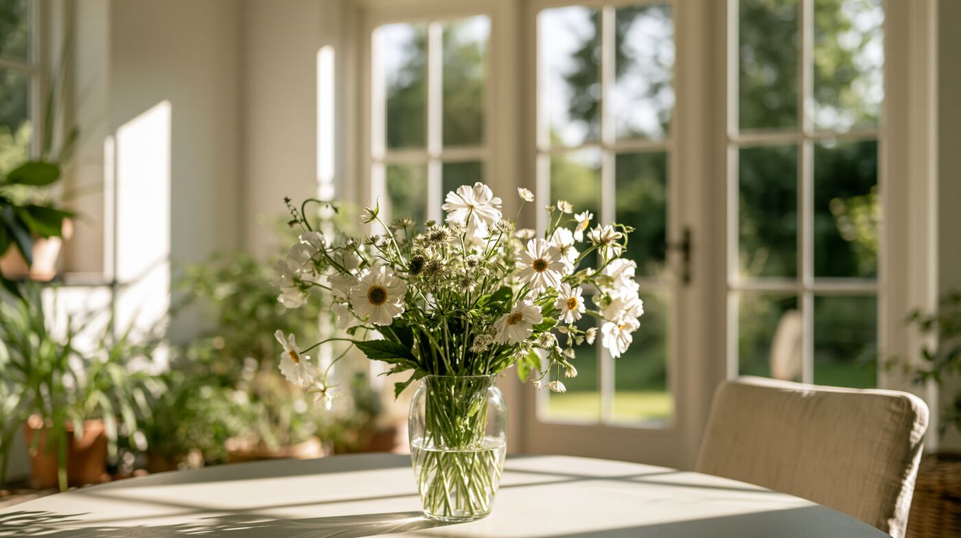 Vaas met witte bloemen op een tafel bij open tuindeuren