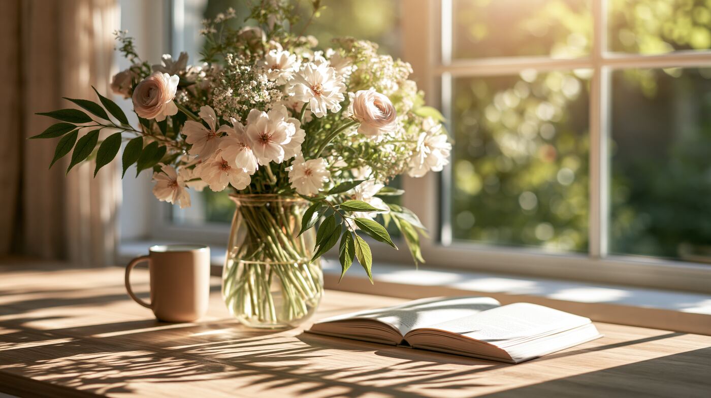 Boeket roze bloemen op een tafel in bladschaduw