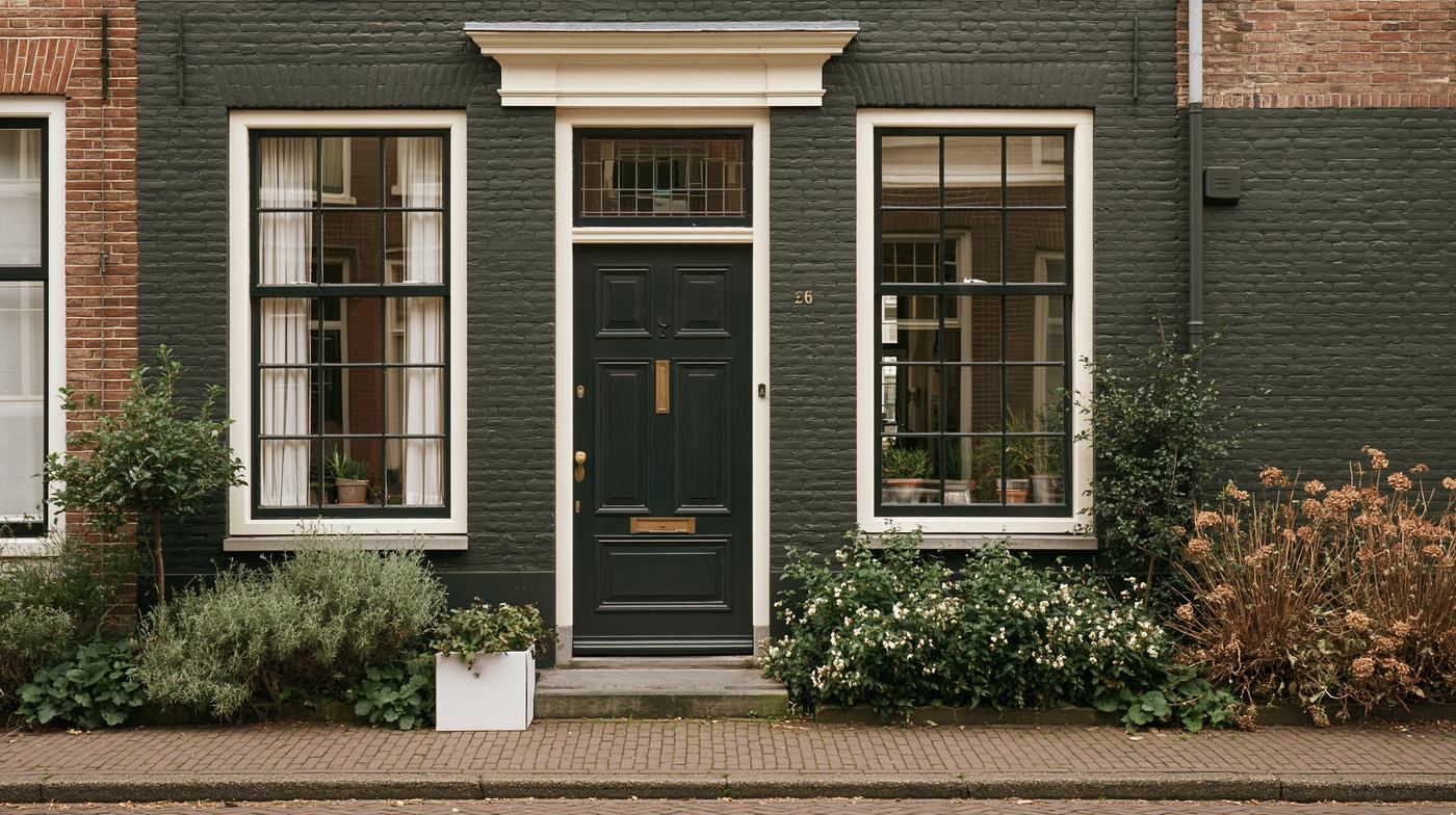 Een pakket op de stoep voor een donkerblauwe voordeur