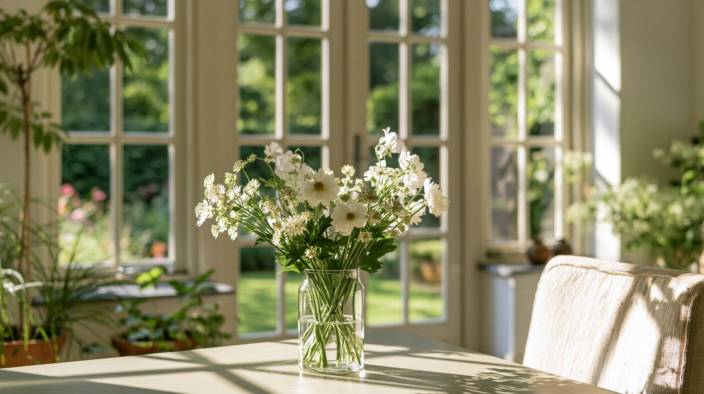 Vaas met witte bloemen voor open tuindeuren